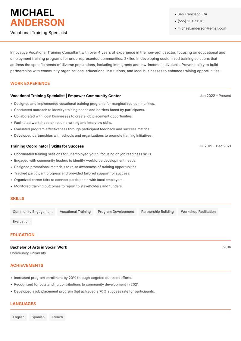 Vocational Training Consultant Resume Template