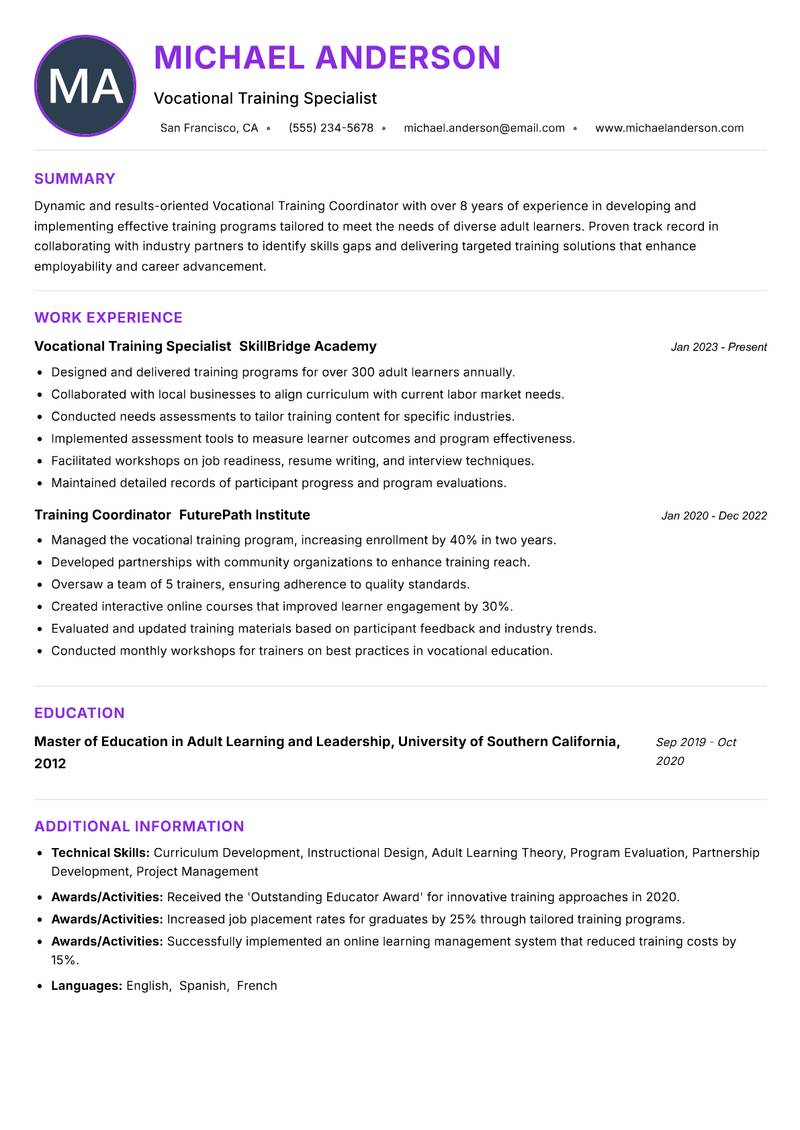 Vocational Training Coordinator Resume Preview Example