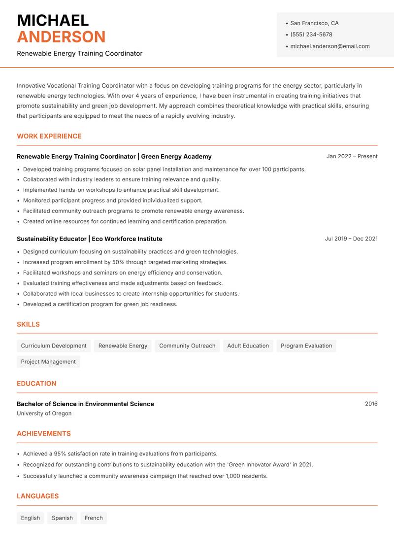 Vocational Training Coordinator Resume Template