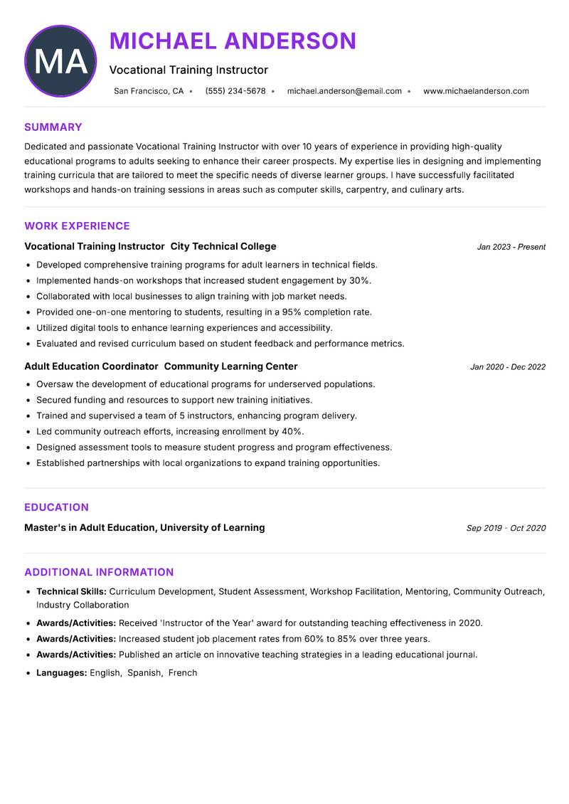 Vocational Training Instructor Resume Preview Example
