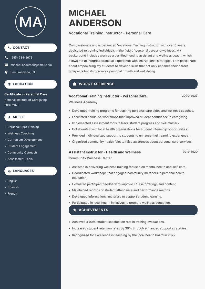 Vocational Training Instructor Resume Preview Example