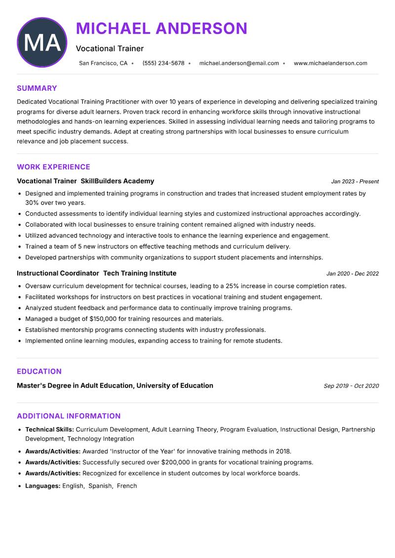 Vocational Training Practitioner Resume Preview Example
