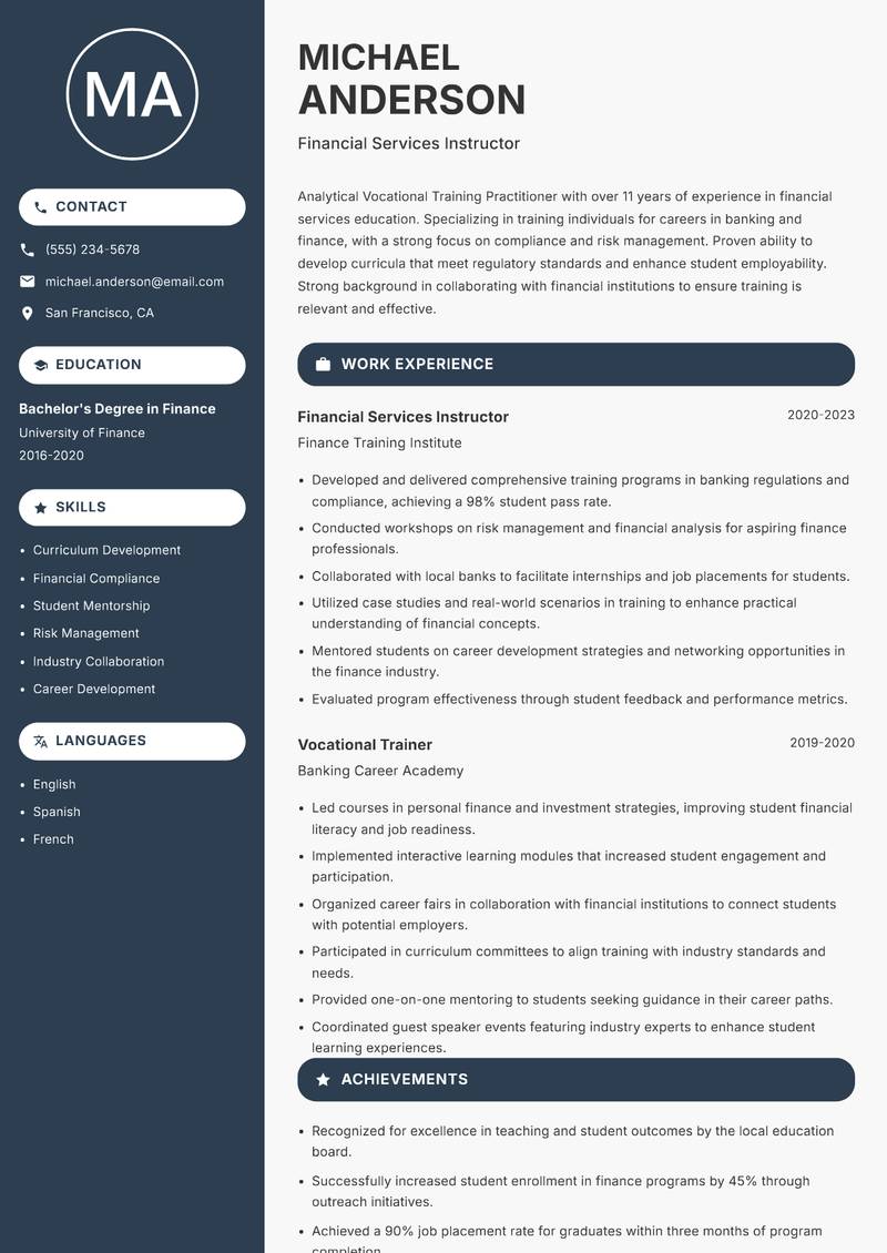 Vocational Training Practitioner Resume Preview Example