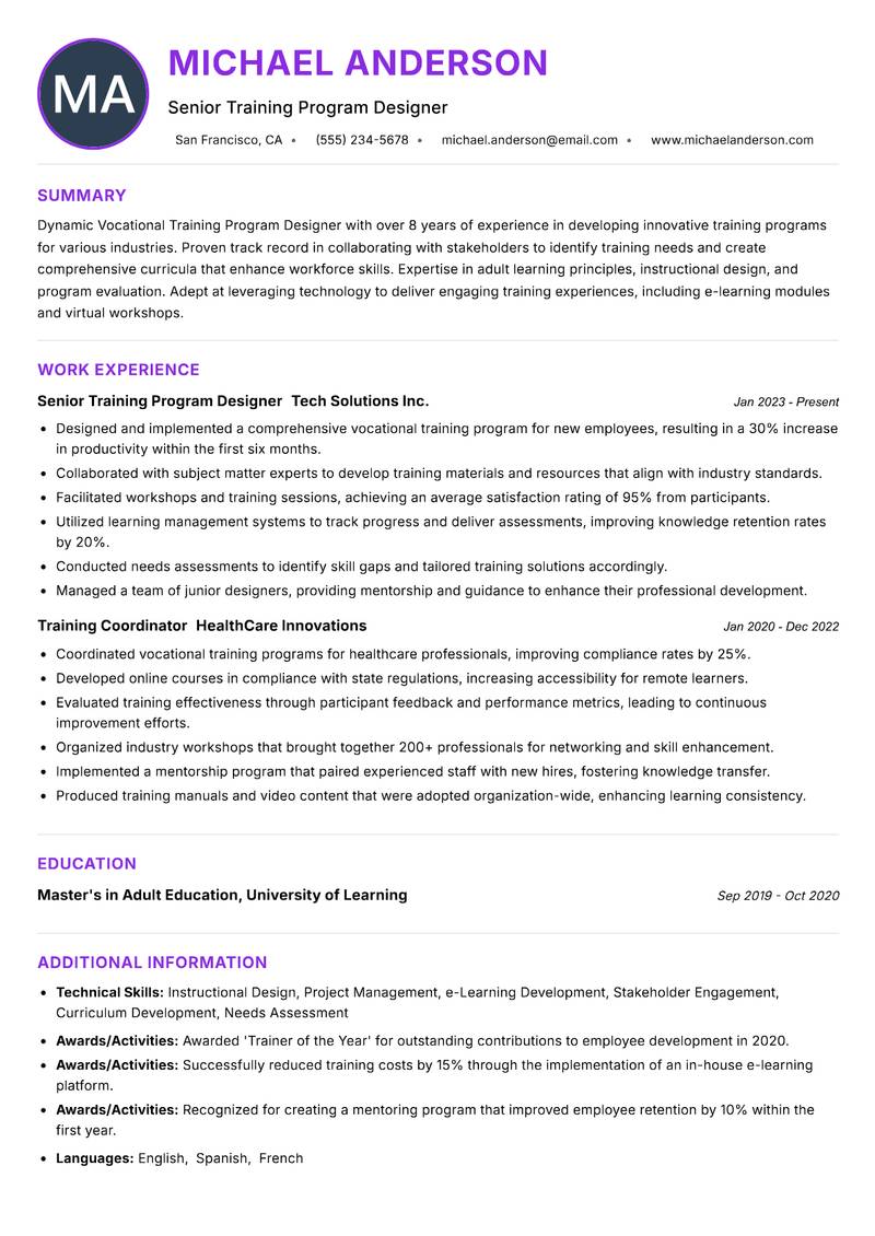 Vocational Training Program Designer Resume Preview Example