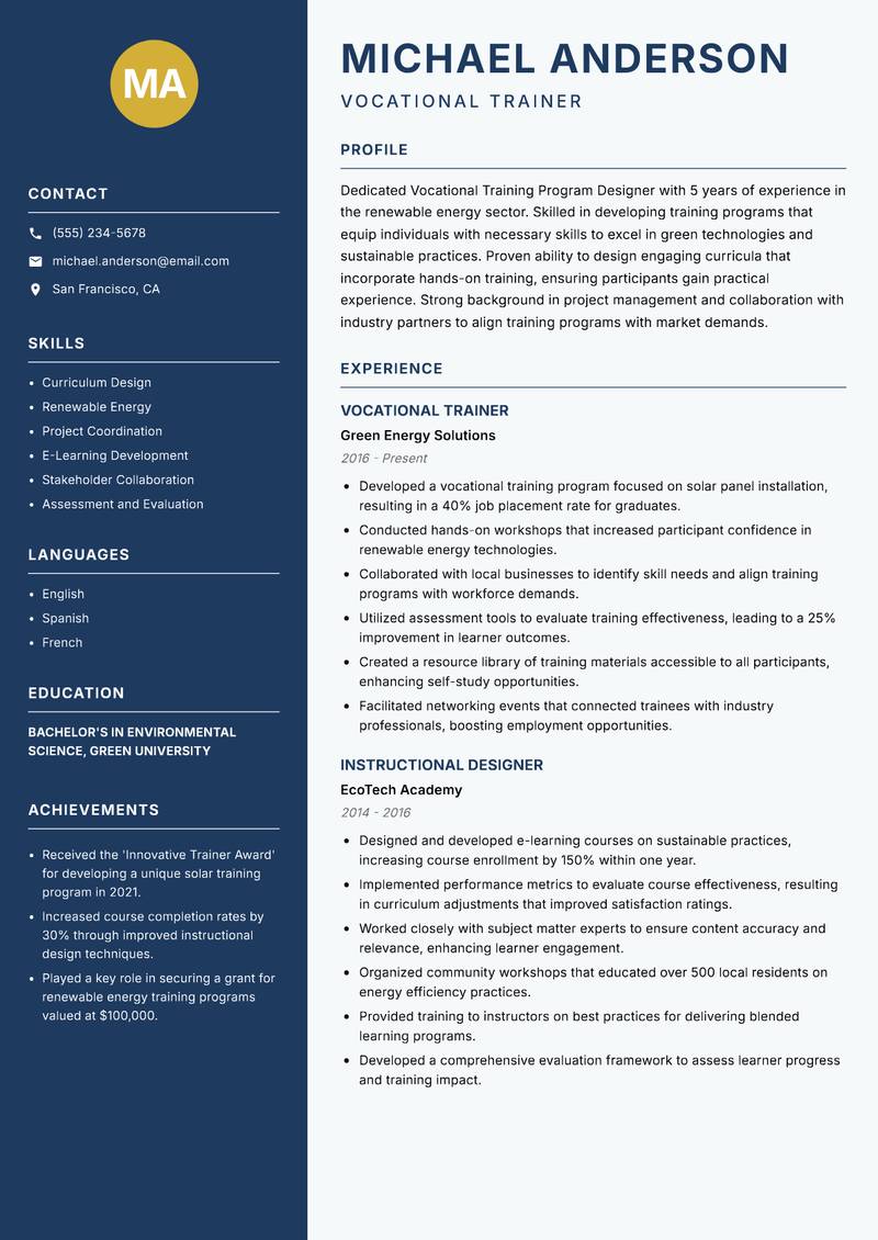 Vocational Training Program Designer Resume Preview Example