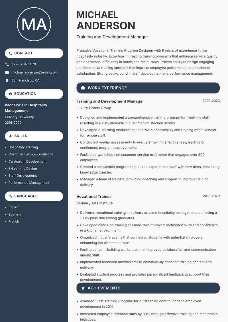 Vocational Training Program Designer Resume Preview Example