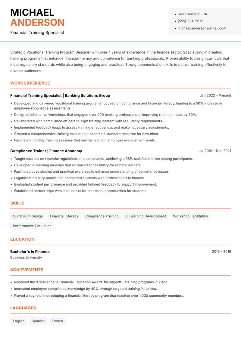 Vocational Training Program Designer Resume Template