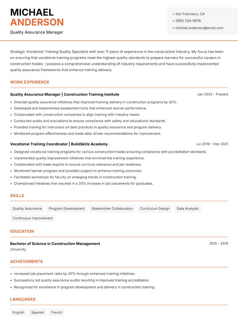 Vocational Training Quality Specialist Resume Template