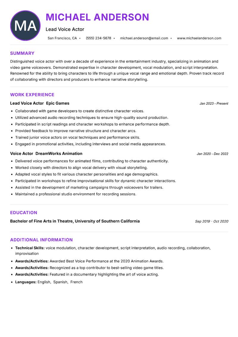Voice Actor Resume Preview Example