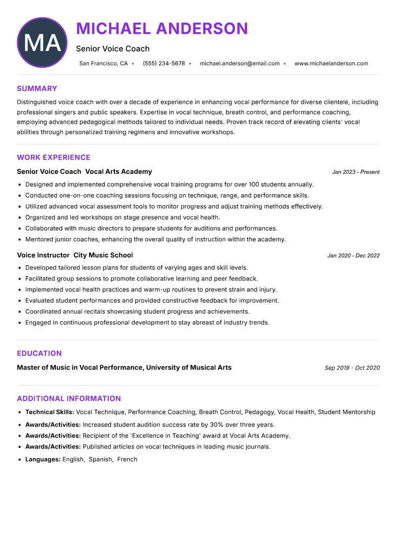 Voice Coach Resume Preview Example