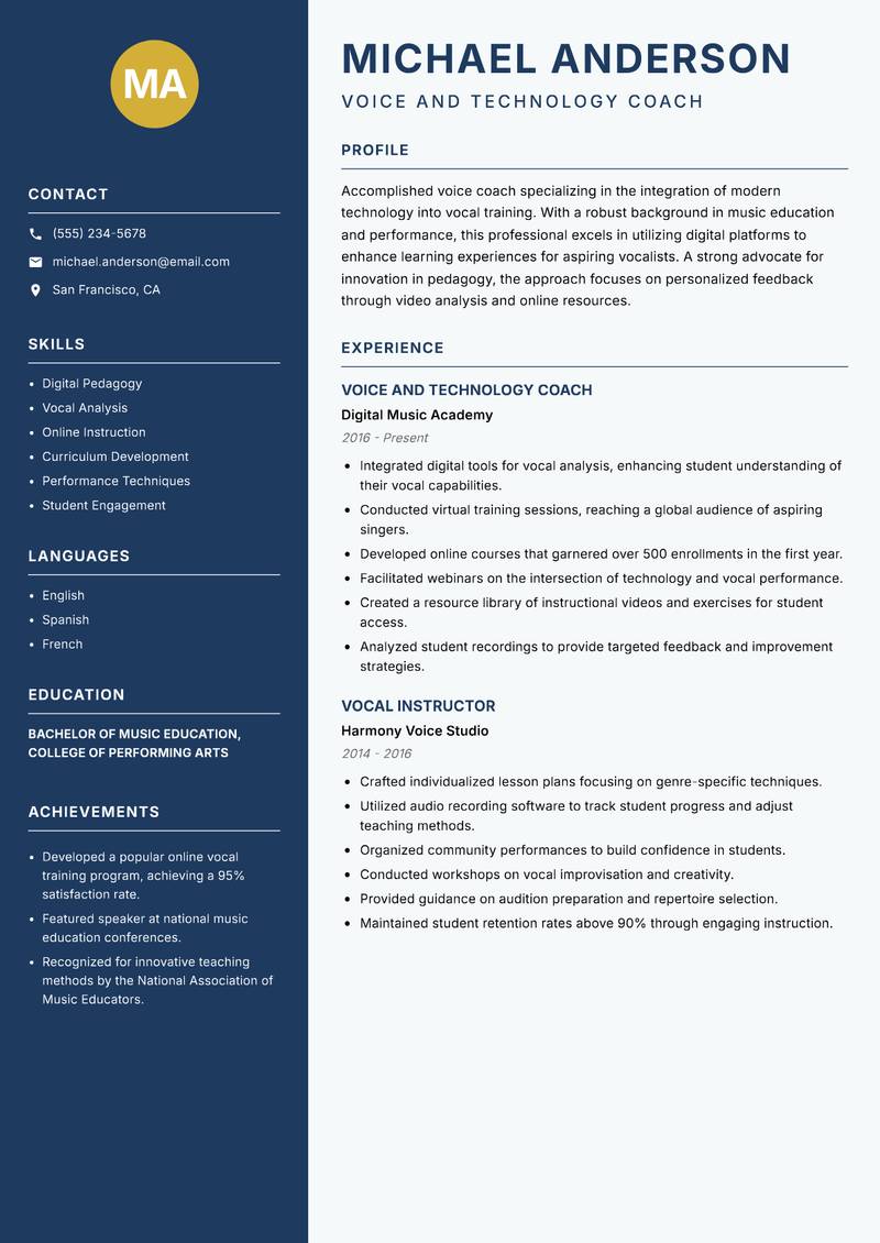 Voice Coach Resume Preview Example