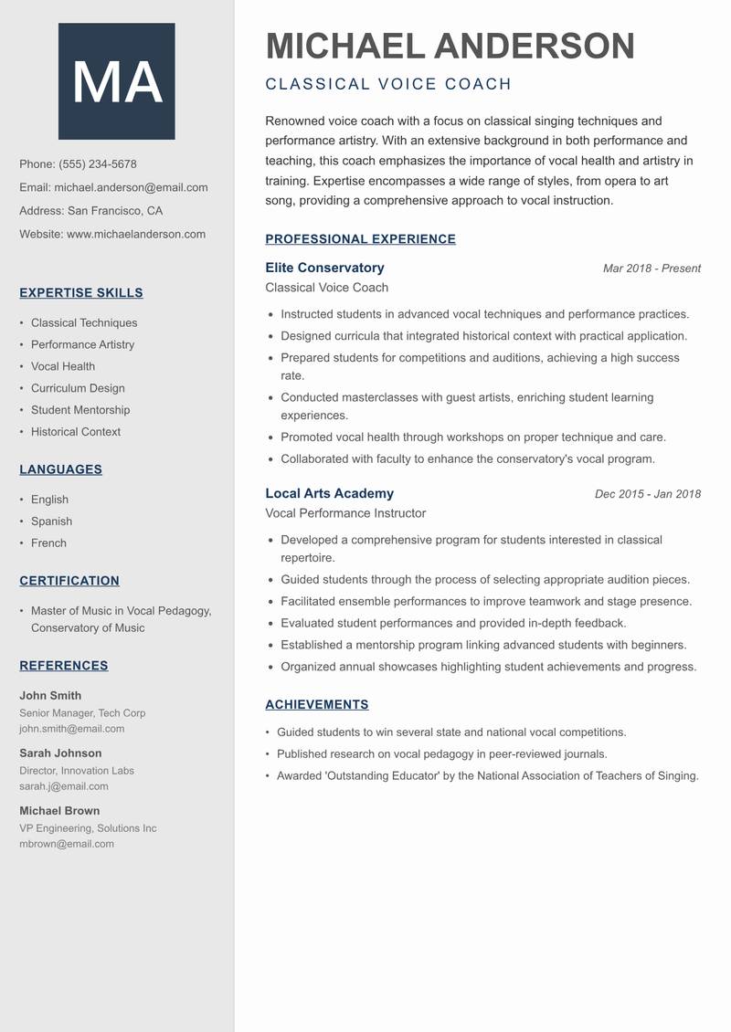 Voice Coach Resume Preview Example