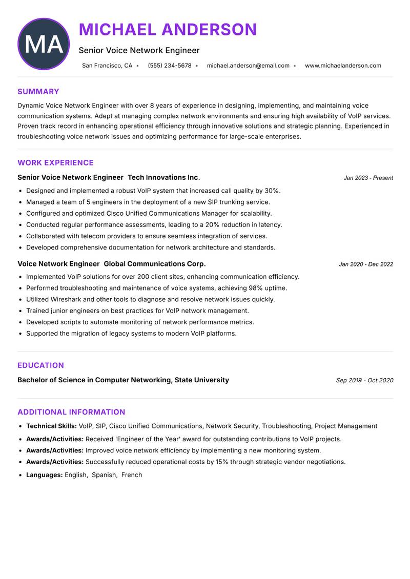 Voice Network Engineer Resume Preview Example