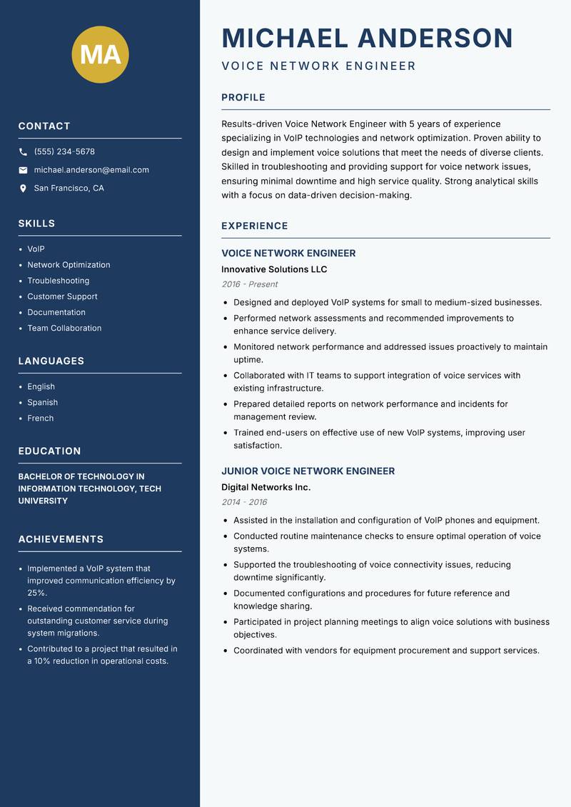 Voice Network Engineer Resume Preview Example