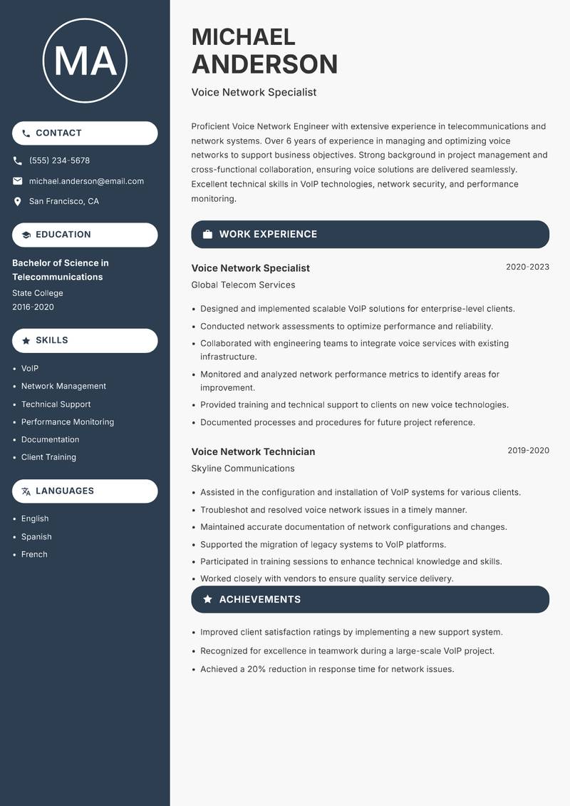 Voice Network Engineer Resume Preview Example