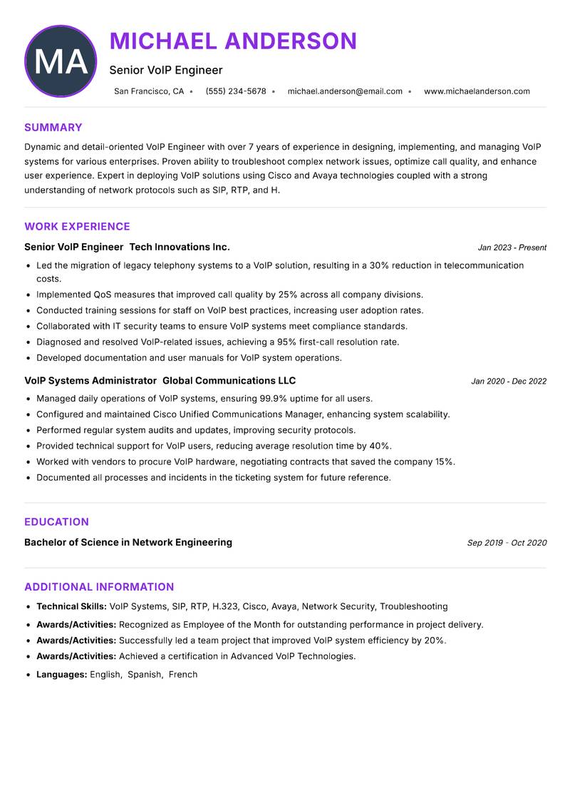 VoIP Engineer Resume Preview Example