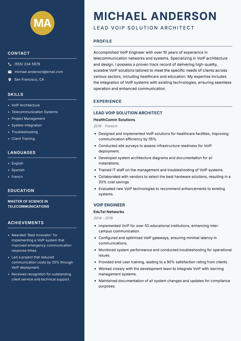 VoIP Engineer Resume Preview Example