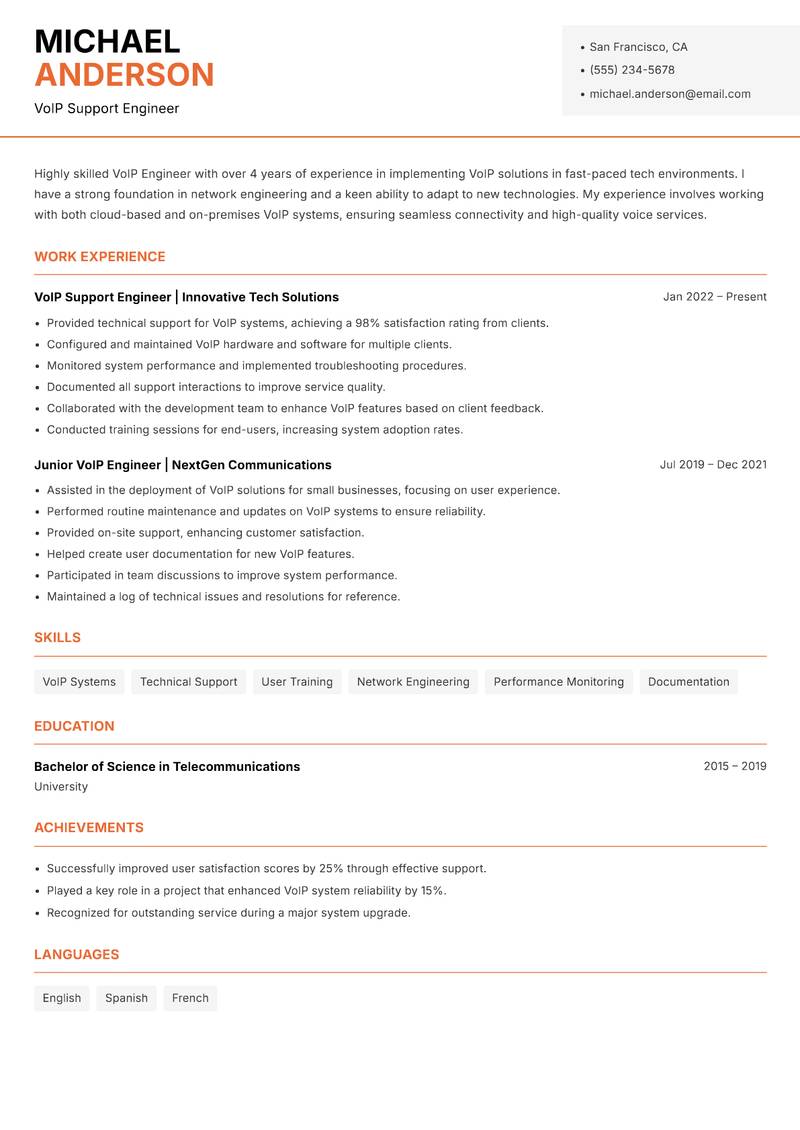 VoIP Engineer Resume Template