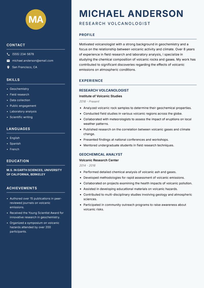 Volcanologist Resume Preview Example