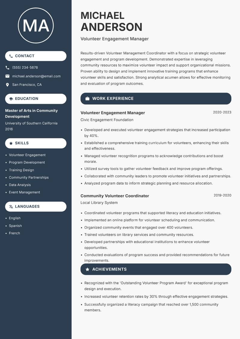 Volunteer Management Coordinator Resume Preview Example