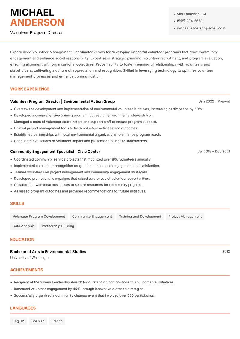 Volunteer Management Coordinator Resume Template