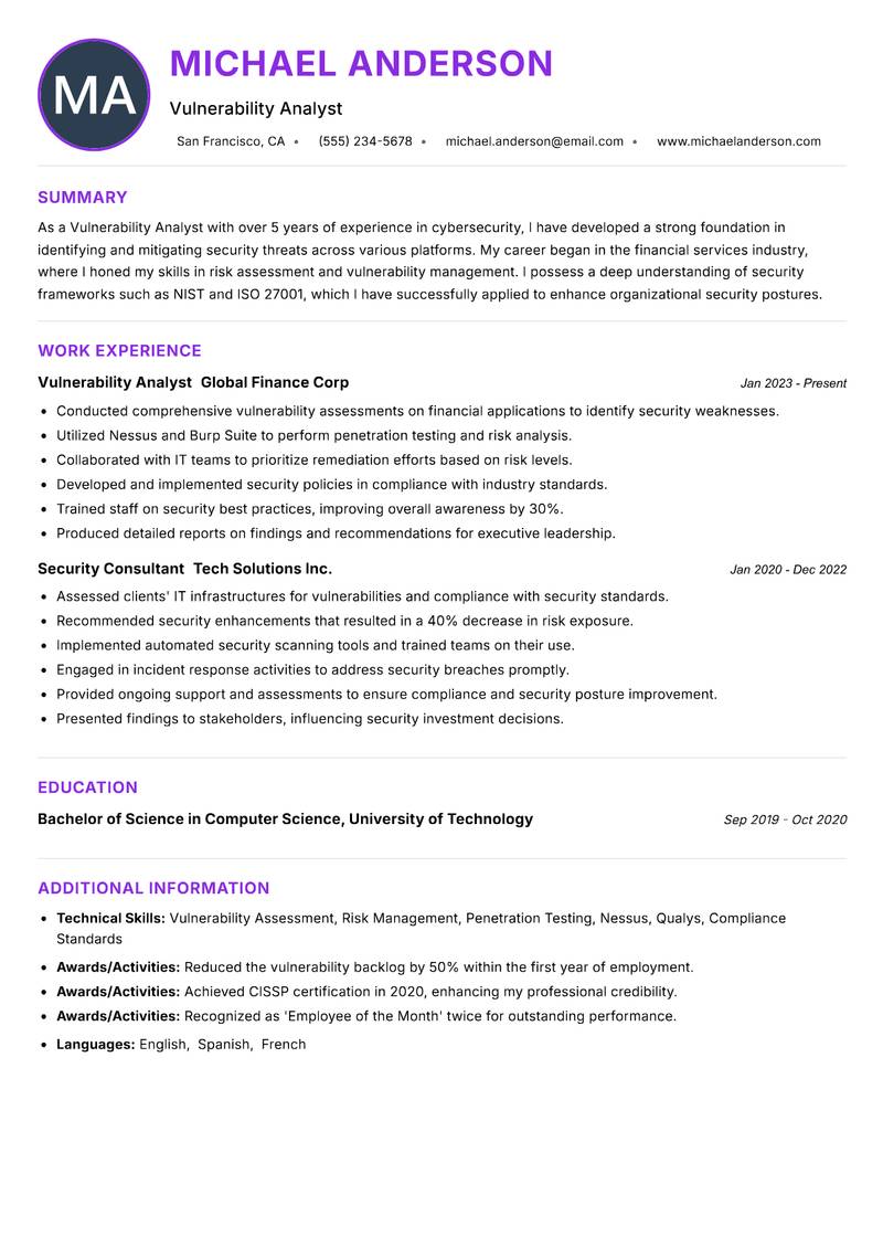 Vulnerability Analyst Resume Preview Example