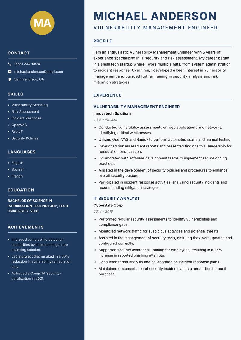 Vulnerability Management Engineer Resume Preview Example