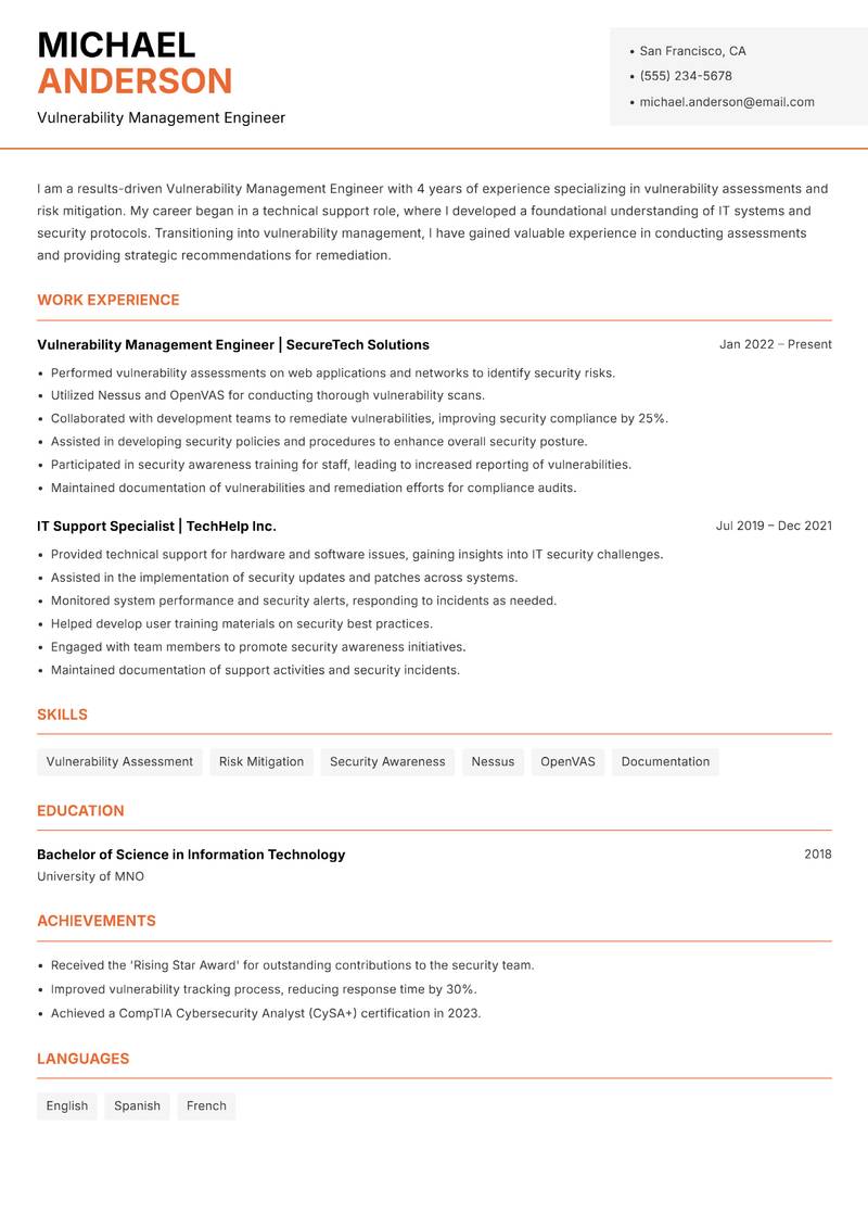 Vulnerability Management Engineer Resume Template