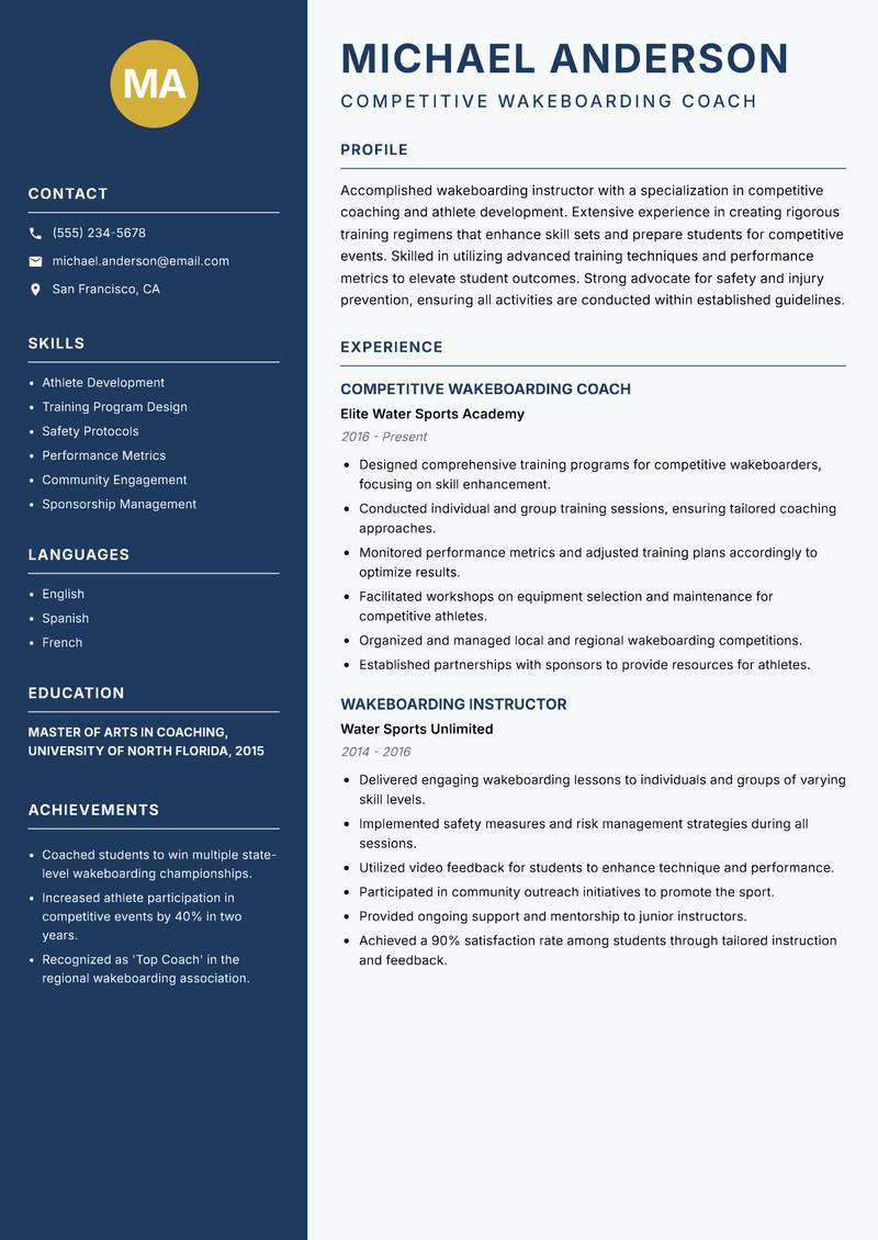 Wakeboarding Instructor Resume Preview Example