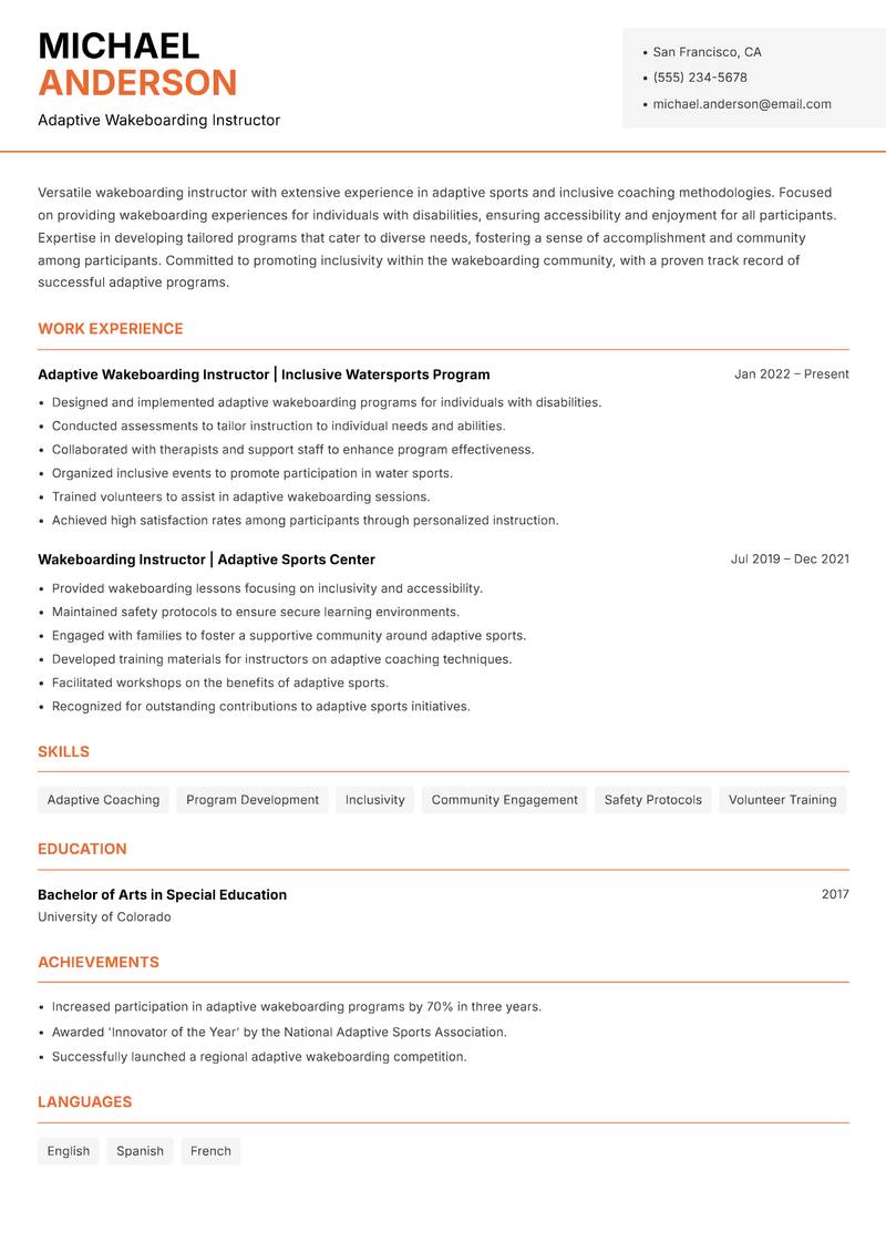 Wakeboarding Instructor Resume Template