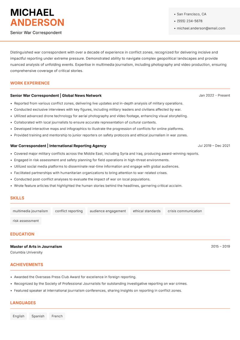 War Correspondent Resume Template
