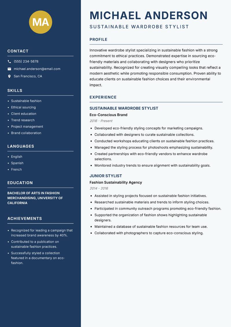 Wardrobe Stylist Resume Preview Example