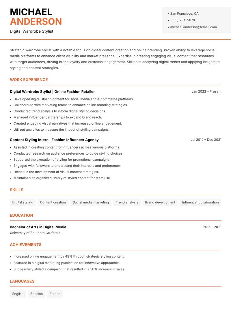 Wardrobe Stylist Resume Template