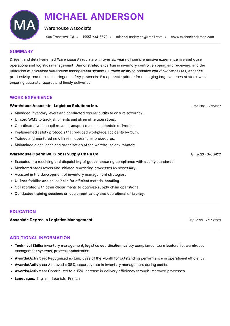 Warehouse Associate Resume Preview Example