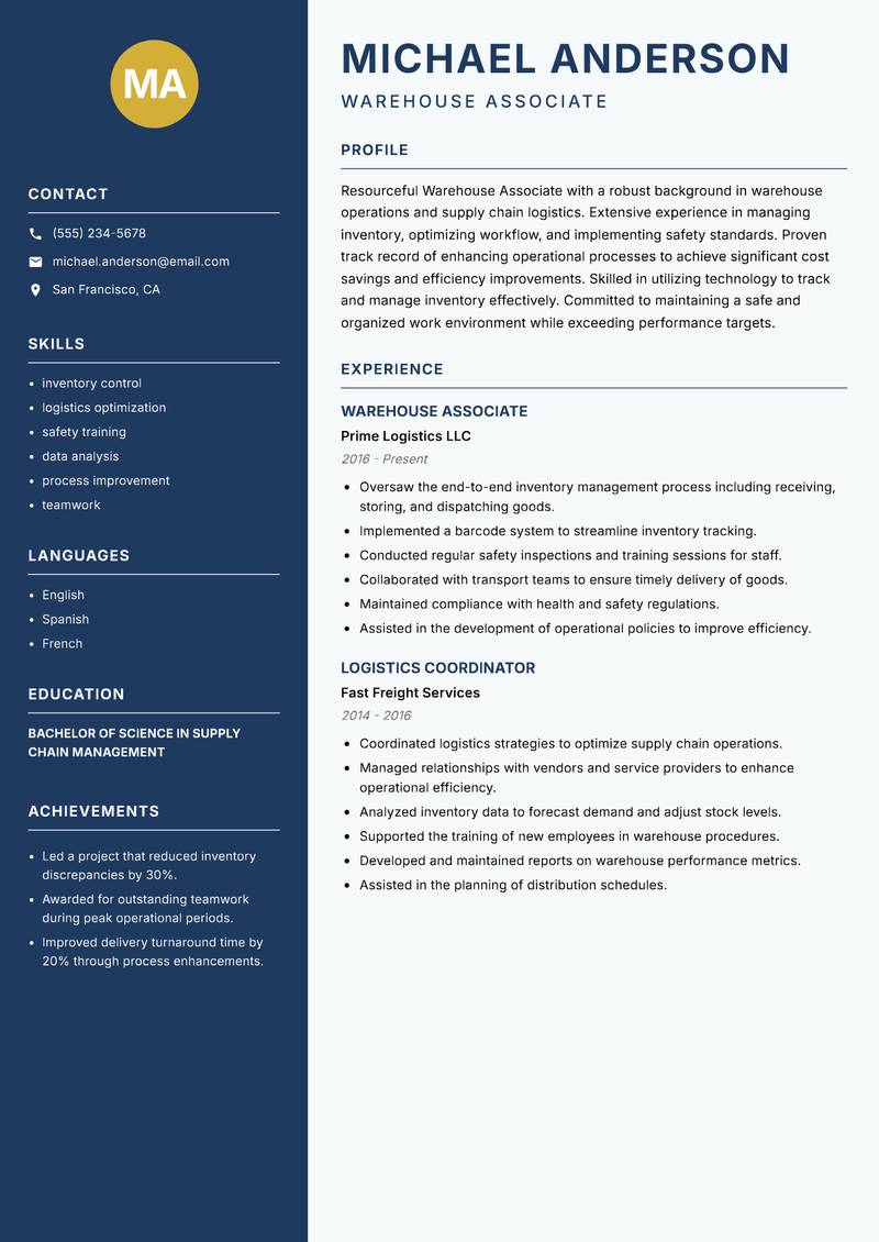 Warehouse Associate Resume Preview Example