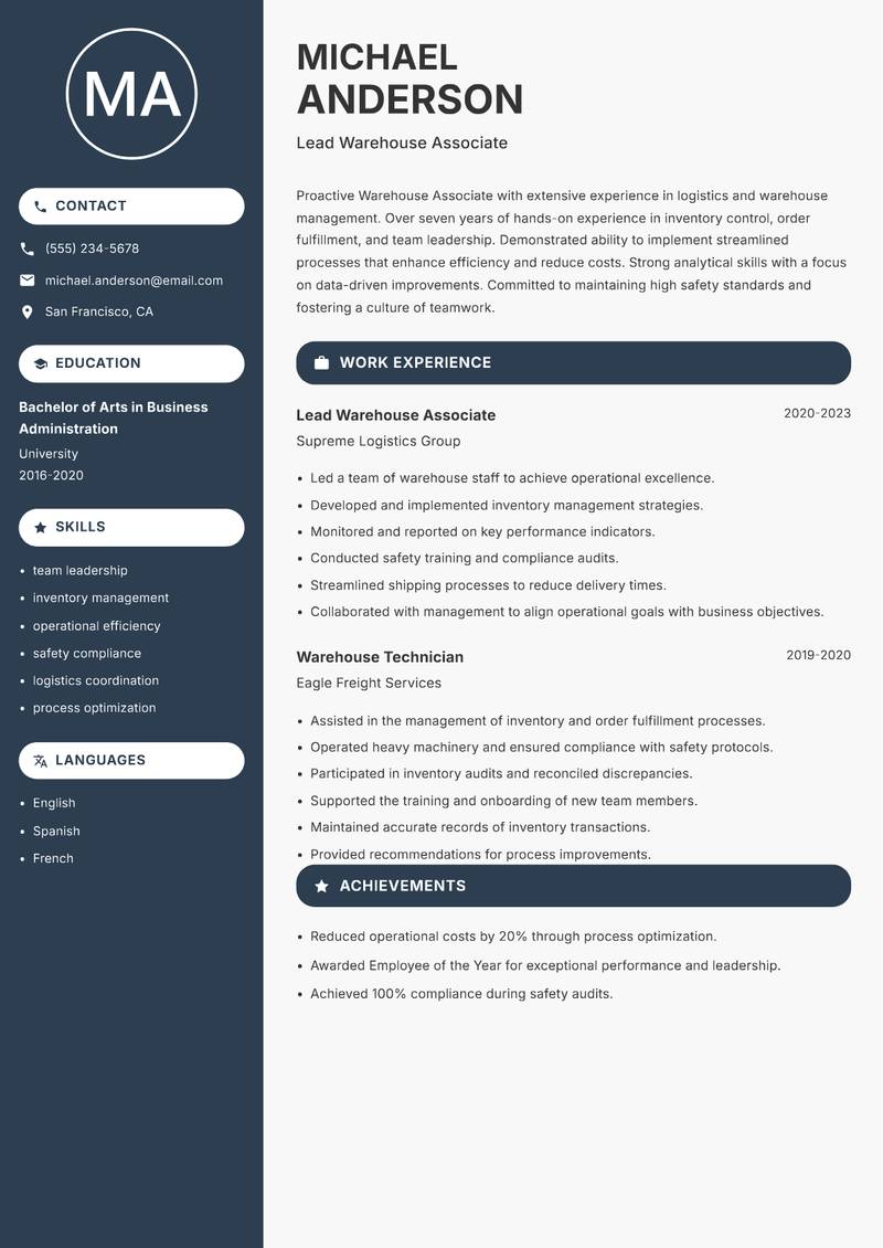 Warehouse Associate Resume Preview Example