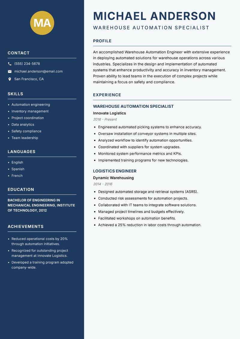 Warehouse Automation Engineer Resume Preview Example