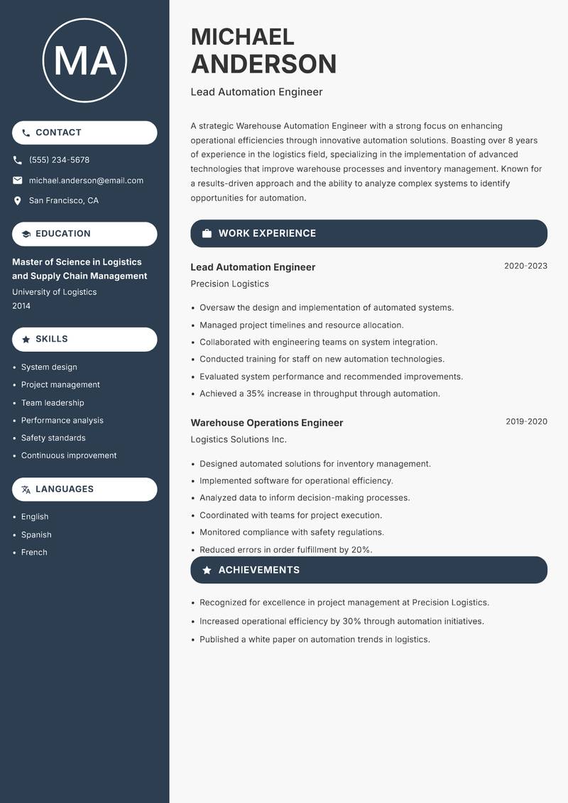Warehouse Automation Engineer Resume Preview Example