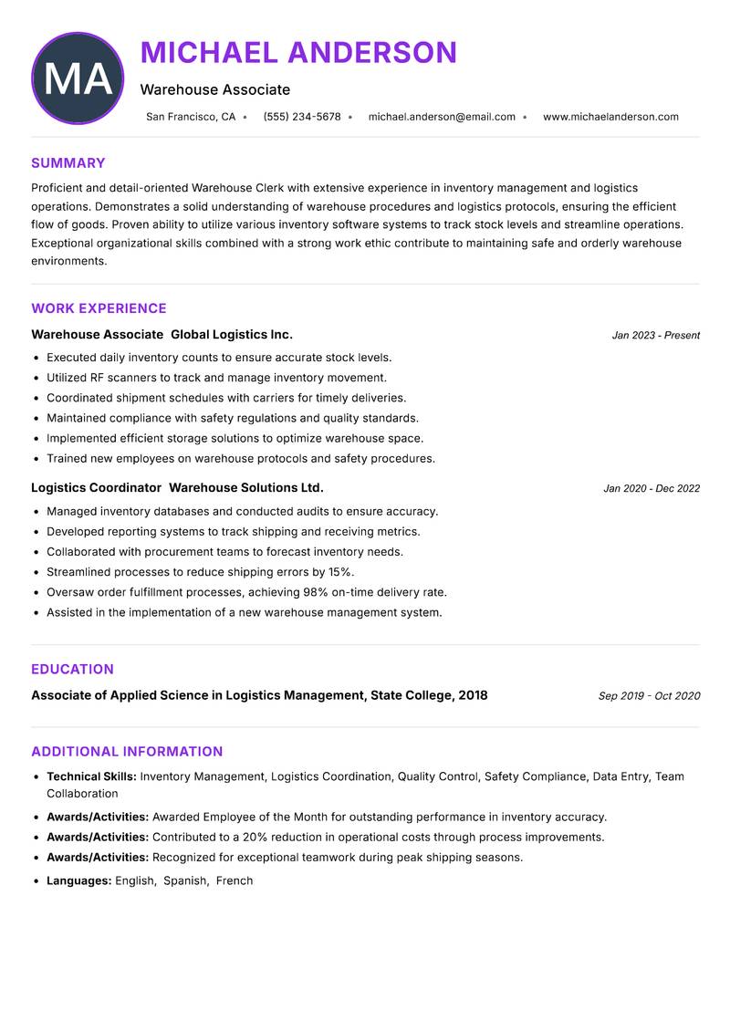 Warehouse Clerk Resume Preview Example