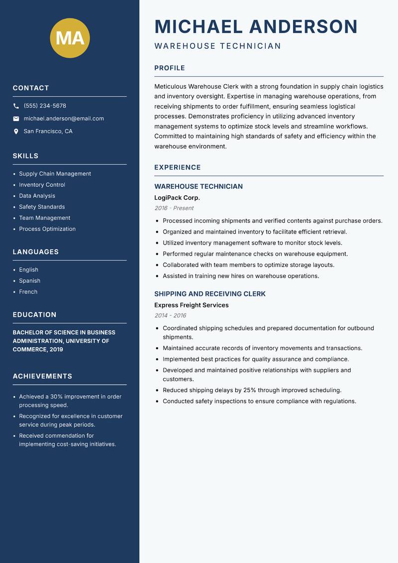 Warehouse Clerk Resume Preview Example