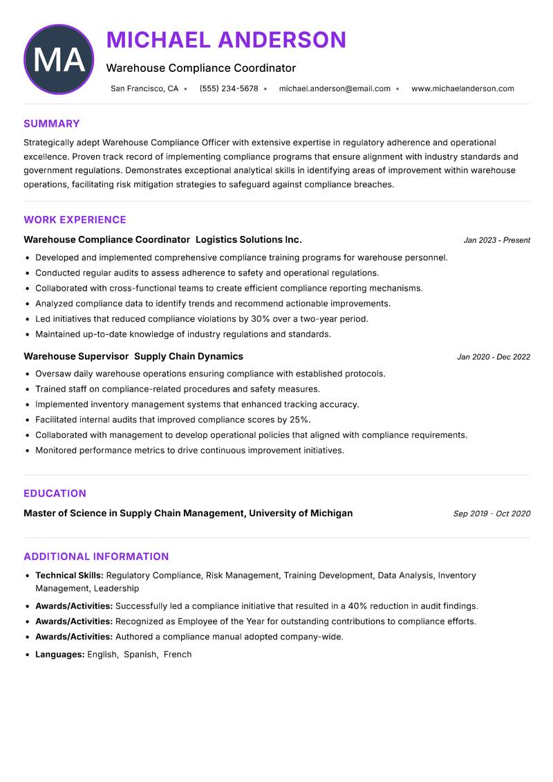 Warehouse Compliance Officer Resume Preview Example