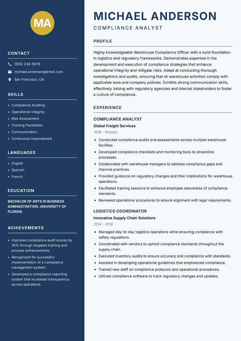Warehouse Compliance Officer Resume Preview Example