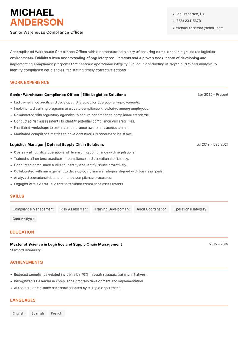 Warehouse Compliance Officer Resume Template