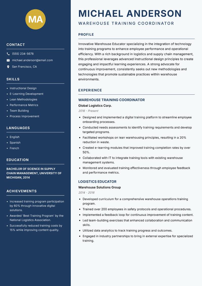 Warehouse Educator Resume Preview Example