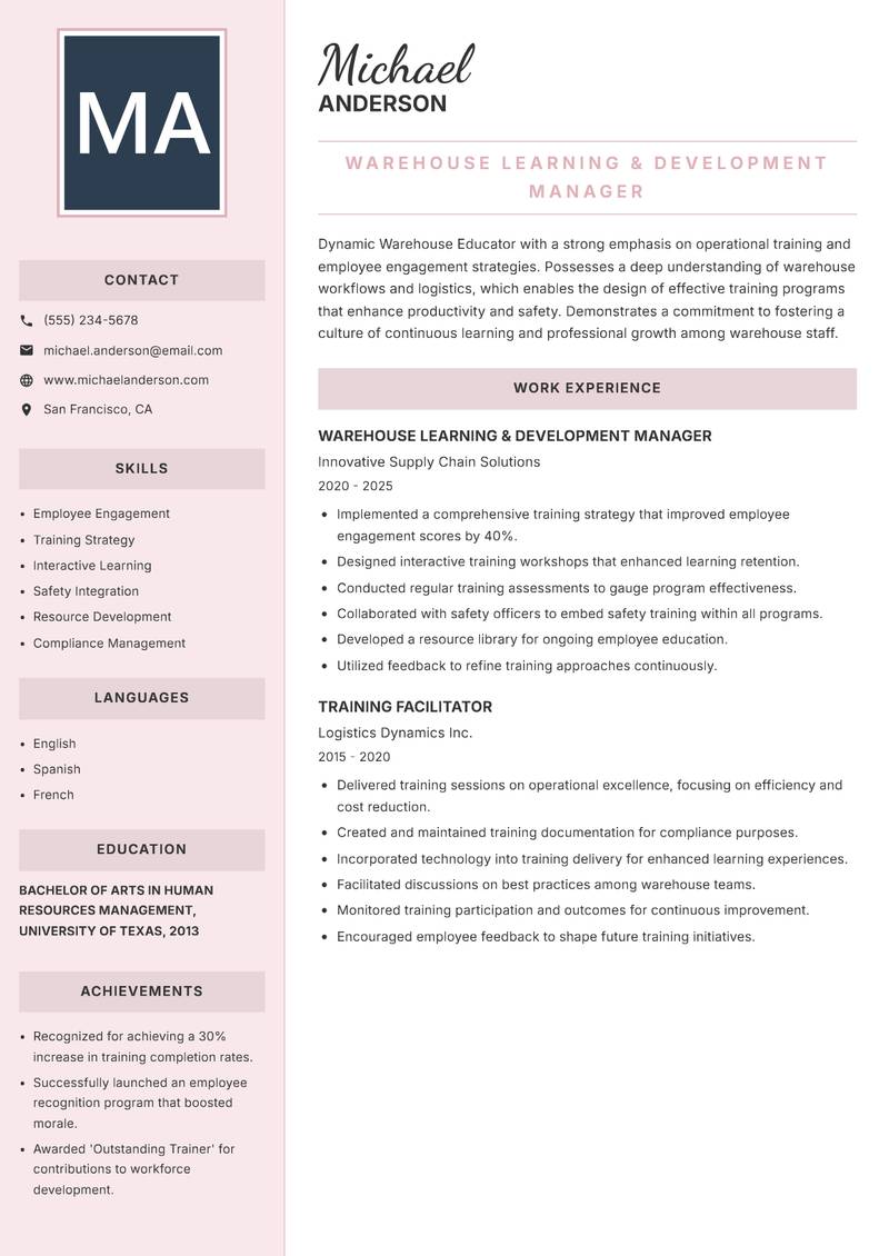 Warehouse Educator Resume Preview Example