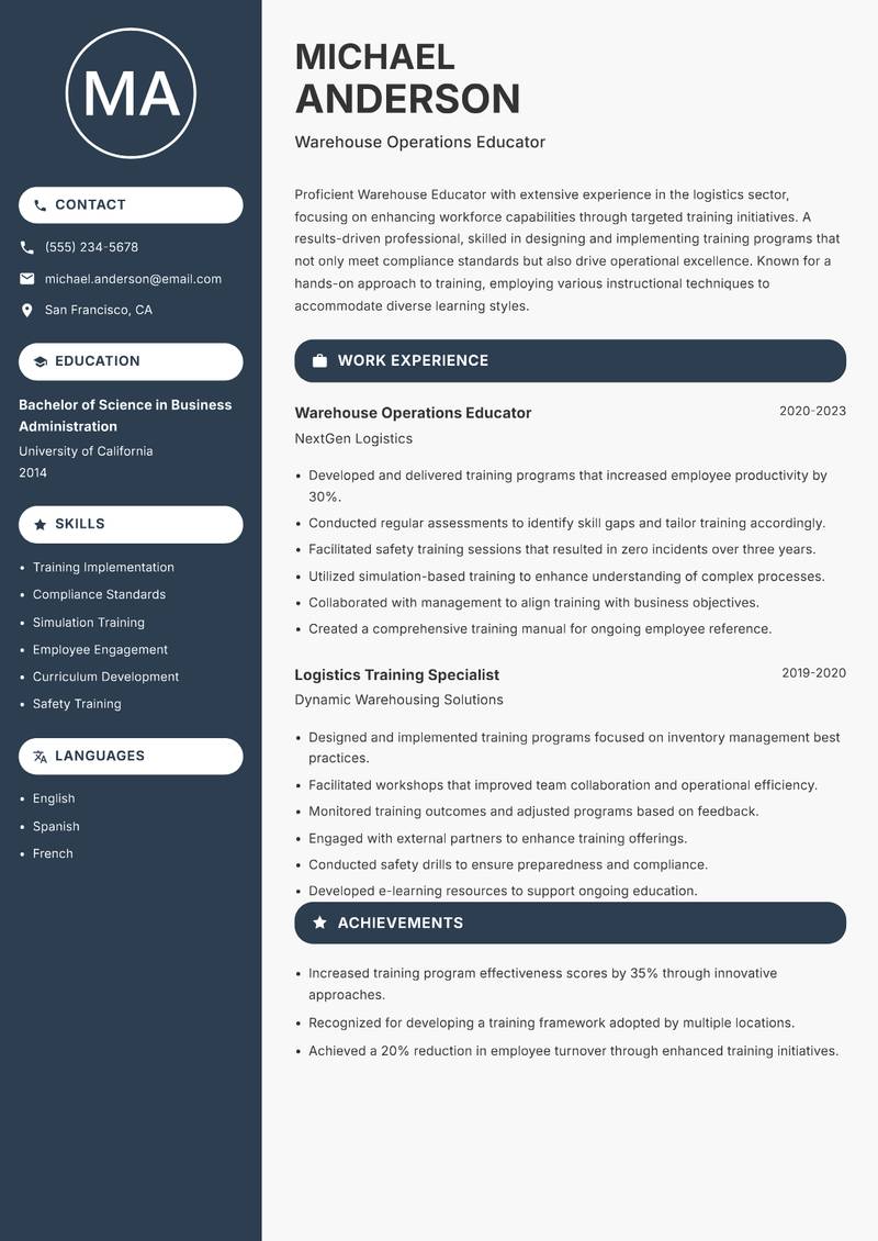 Warehouse Educator Resume Preview Example