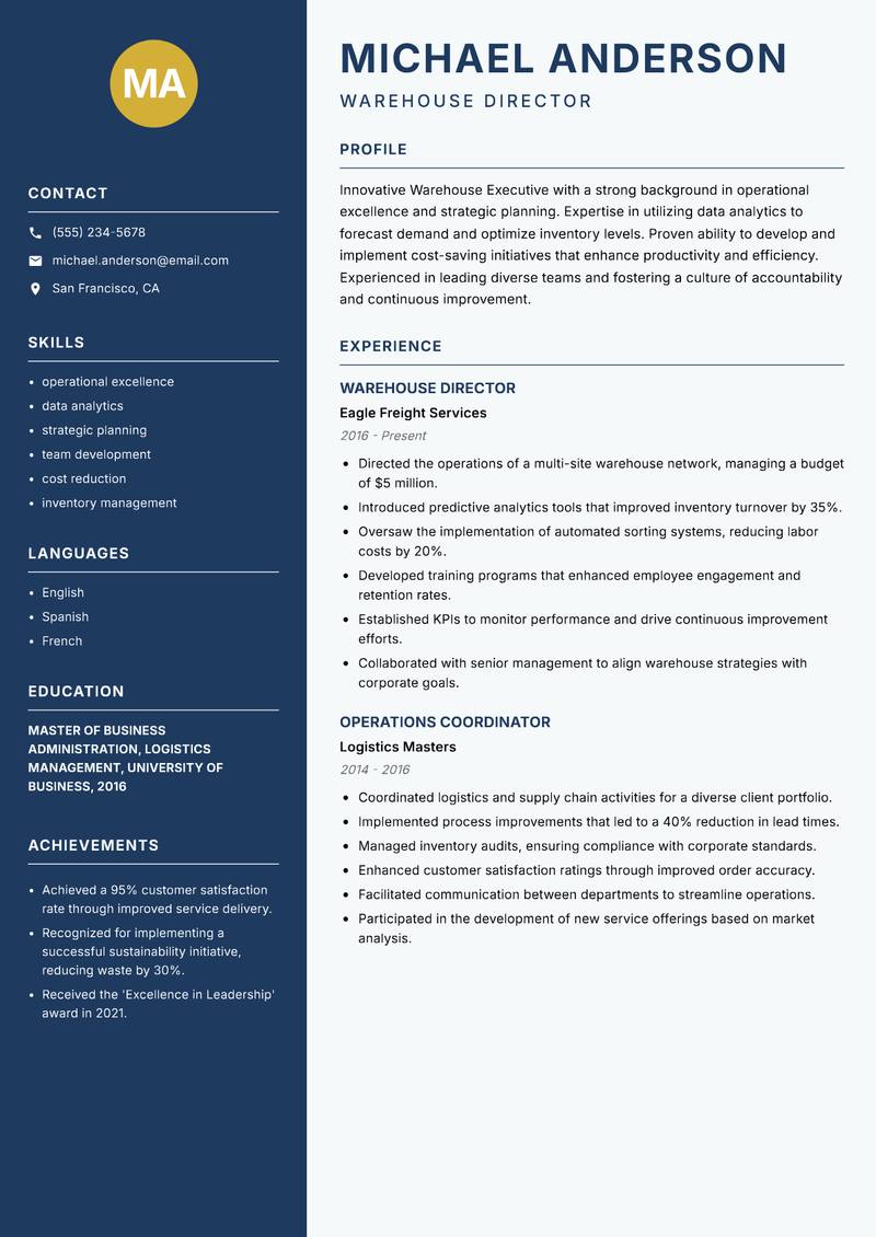 Warehouse Executive Resume Preview Example