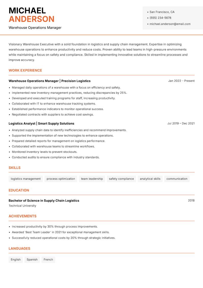 Warehouse Executive Resume Template