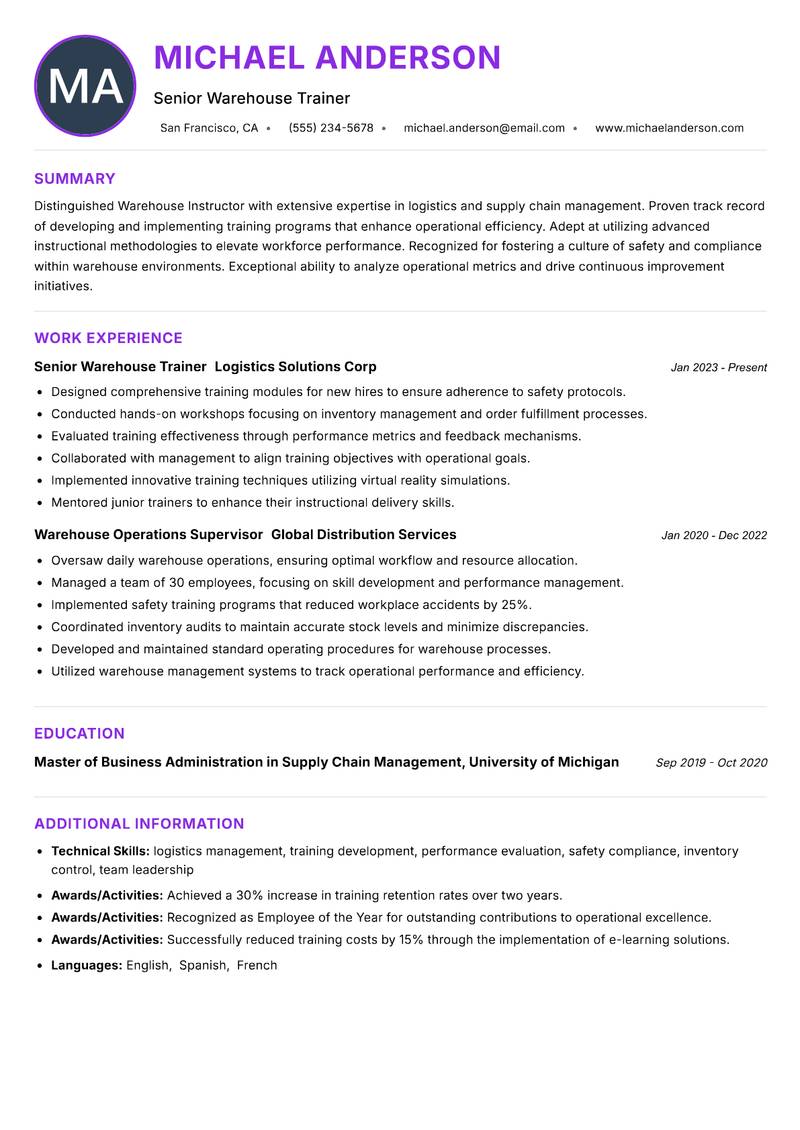Warehouse Instructor Resume Preview Example