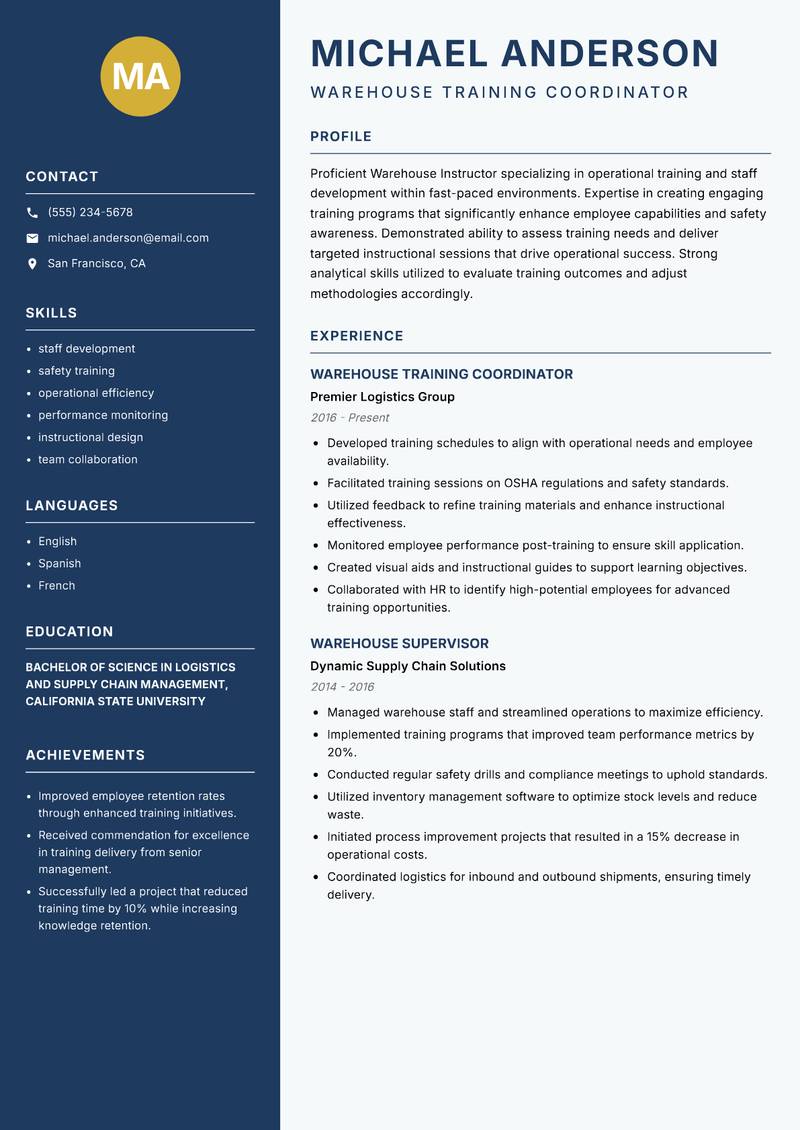 Warehouse Instructor Resume Preview Example